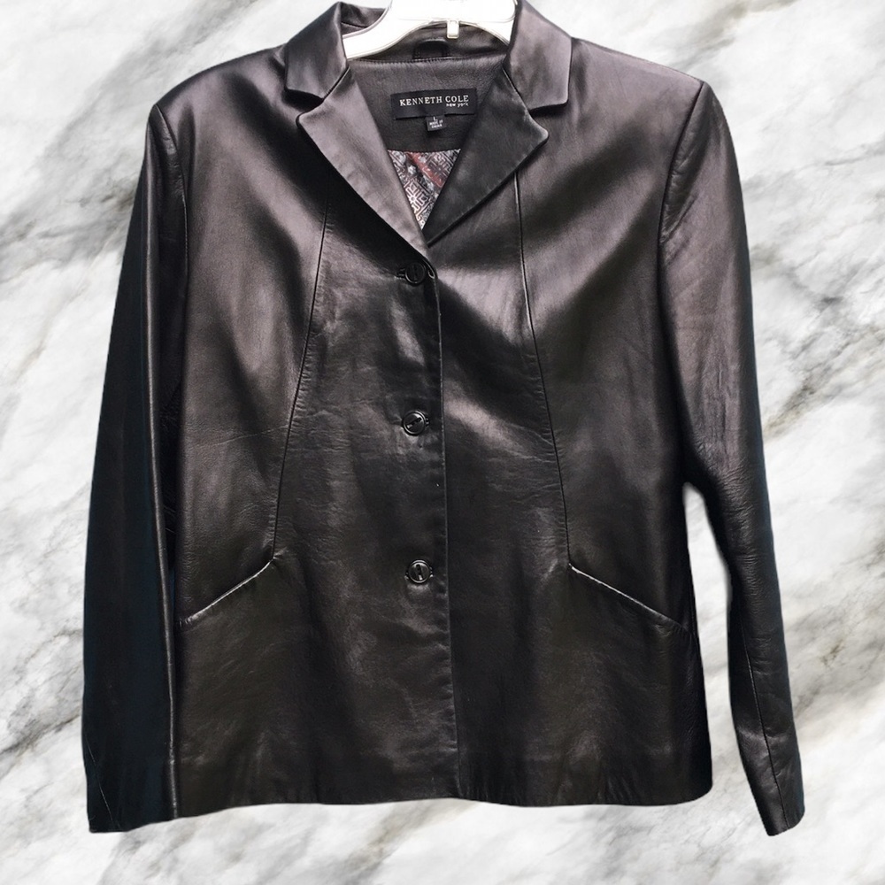 Kenneth Cole 100% Leather Jacket Coat Black Button